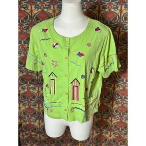 Tropico Embroidered Beach Theme Button Front Top Short Sleeve Blouse